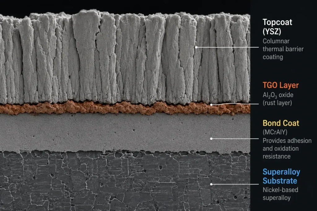 CMAS degradation causing spallation of an EB-PVD thermal barrier coating.