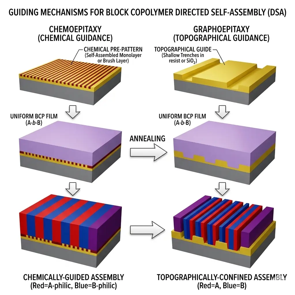 Chemoepitaxy (left) vs. Graphoepitaxy (right) guiding mechanisms..