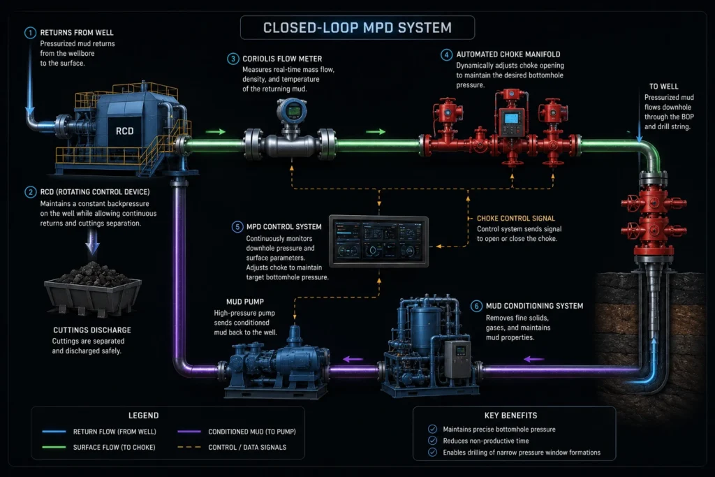 Closed-loop architecture of Managed Pressure Drilling MPD featuring an RCD and automated choke manifold.