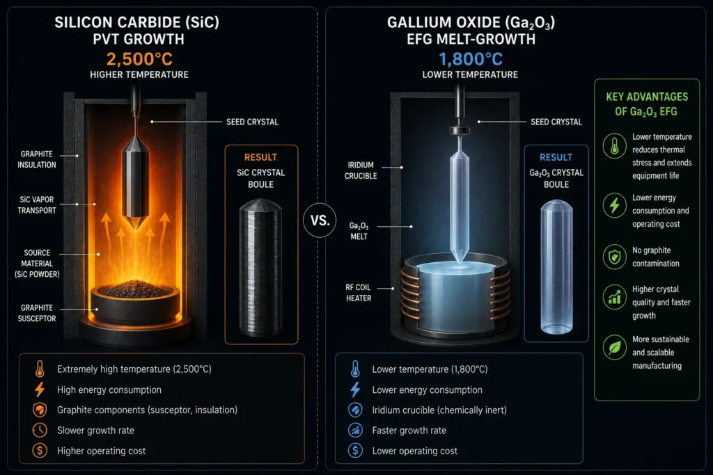 Comparison chart of Bandgap (eV) and Breakdown Electric Field (MVcm) between Silicon, SiC, GaN, and Gallium Oxide.