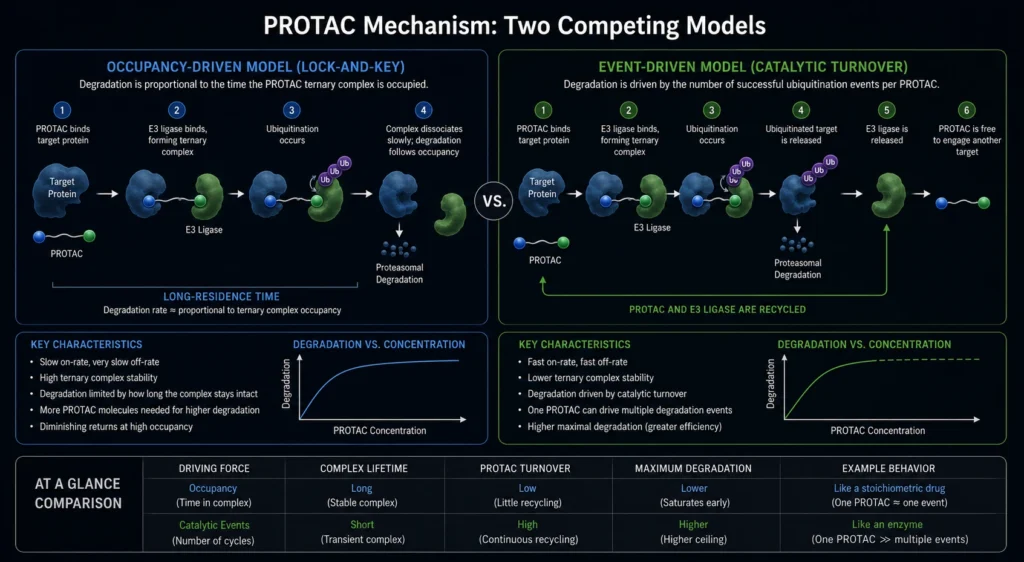 Comparison chart showing traditional small molecule inhibitors vs targeted protein degradation PROTACs