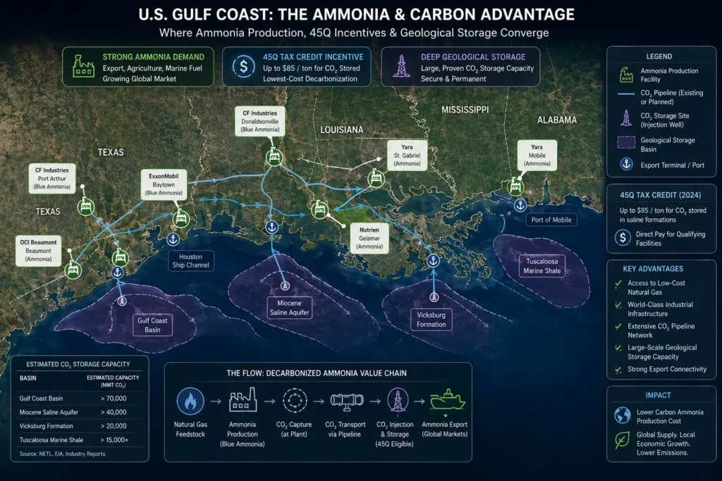 Comparison matrix of green, grey, and low-carbon blue ammonia production costs and carbon border taxes.