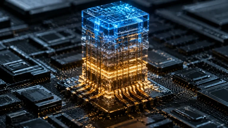 Complementary FET A highly detailed, microscopic view of vertically stacked silicon transistors on a microchip.