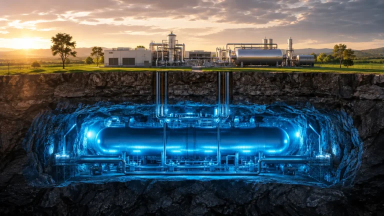 Compressed Air Energy Storage: A photorealistic cross-section showing a massive, high-pressure underground CAES cavern beneath a modern surface facility.