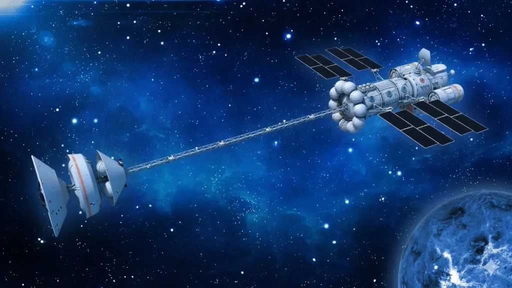 Concept of an NEP spacecraft Reactor at the front, massive radiators in the center, and payload far at the rear.. Source