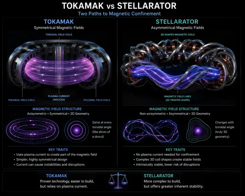 Cross-section diagram comparing tokamak vs stellarator magnetic confinement and plasma disruptions
