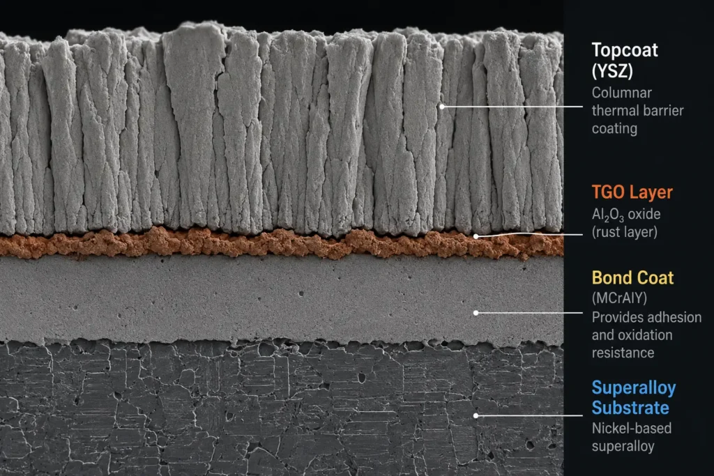 Cross-section of a Thermal Barrier Coating showing the YSZ topcoat, TGO, and bond coat on a superalloy.