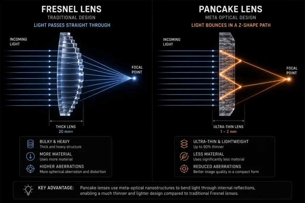 Cross-section of pancake optics folding the light path over a high-PPI Micro-OLED display.