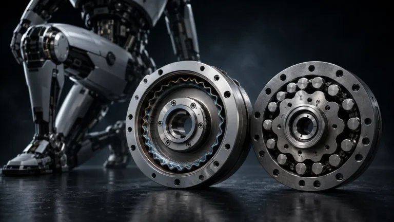 Cycloidal and harmonic drives powering the zero-backlash robotic joints of a humanoid robot.
