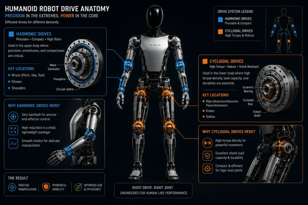 Cycloidal drive vs. harmonic drive shock load tolerance for humanoid legs and arms.