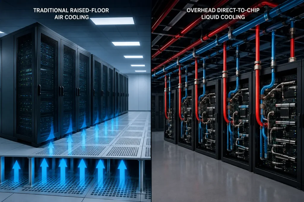 Direct-to-chip liquid cooling architecture and Coolant Distribution Unit CDU in an AI-optimized data center.