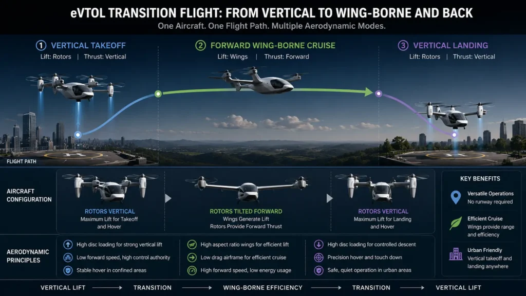 Distributed electric propulsion and transition flight mechanics for eVTOL aircraft