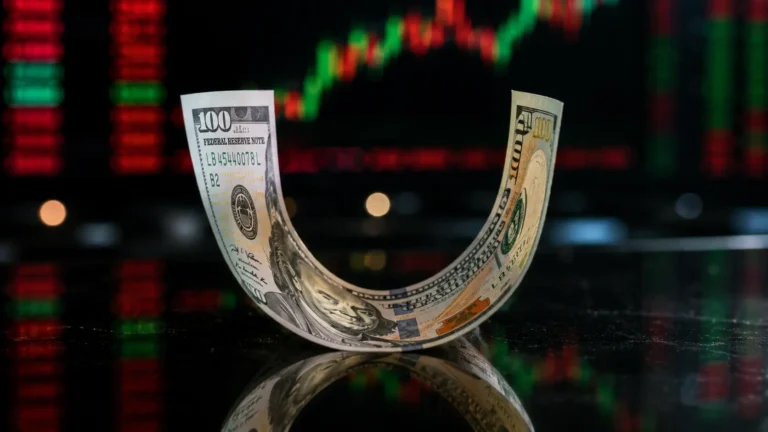 Dollar Smile Theory A photorealistic macro shot of a US hundred-dollar bill folded into a U-shape resting on black glass.