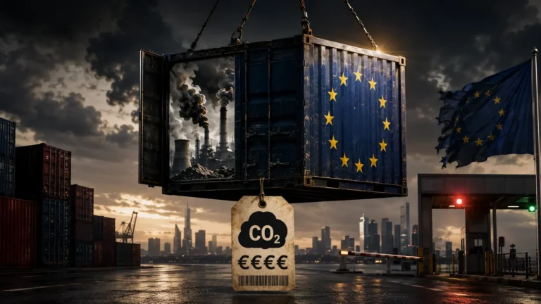 EU Carbon Border Adjustment Mechanism (CBAM) preventing carbon leakage at European industrial ports.