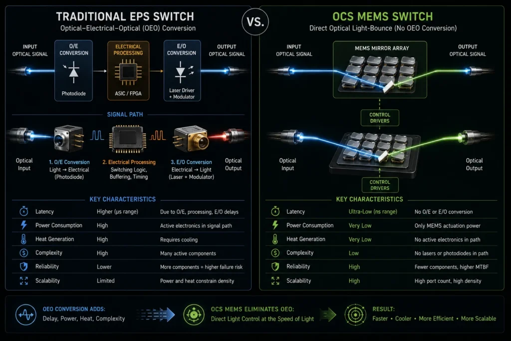 Electronic Packet Switching EPS vs Optical Circuit Switching OCS eliminating OEO conversion.