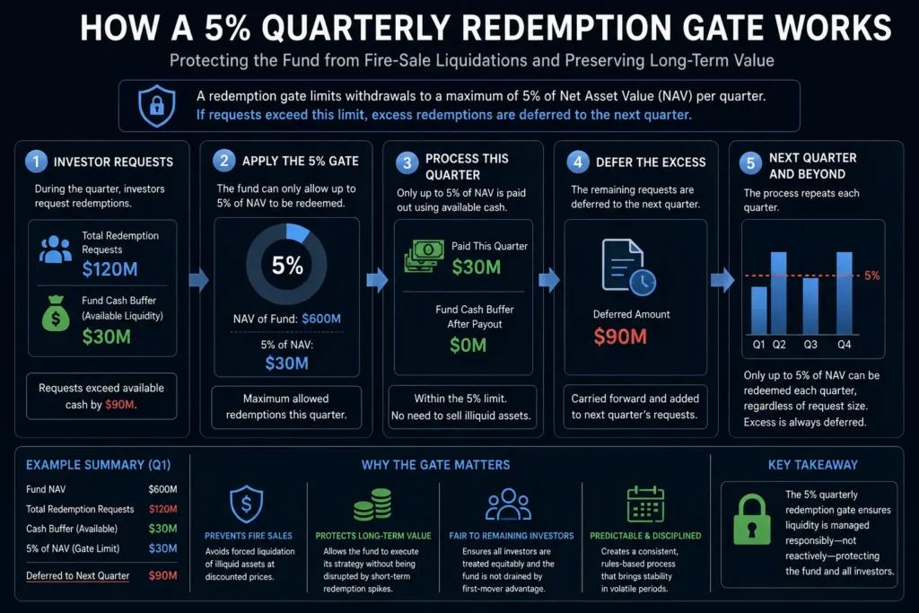 Evergreen fund redemption gates and cash buffer mechanics