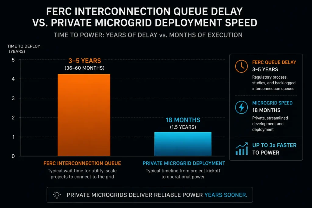 FERC interconnection queue delays vs data center microgrid deployment speed