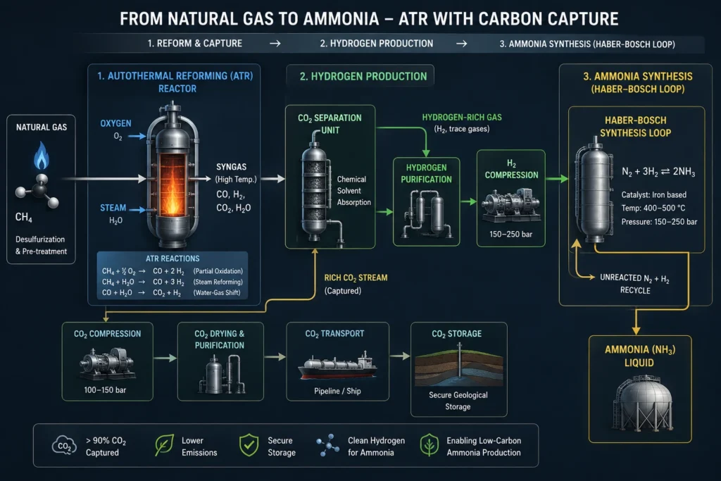 Flowchart comparing Steam Methane Reforming (SMR) with Autothermal Reforming (ATR) for blue ammonia carbon capture.