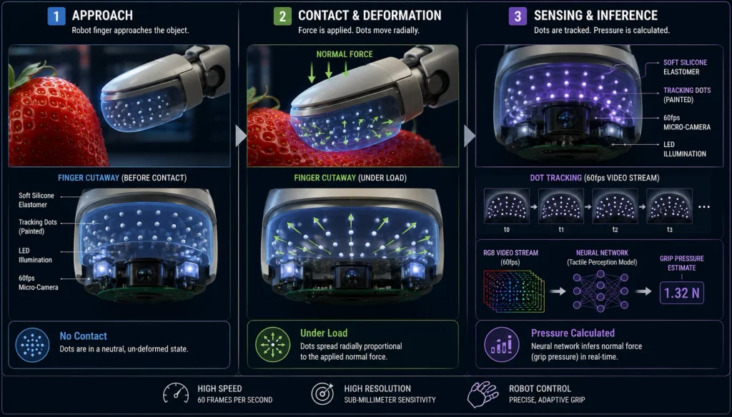 Flowchart comparing crude robotic joint torque sensing to the millimeter-precise incipient slip detection of elastomeric optical tactile sensors.