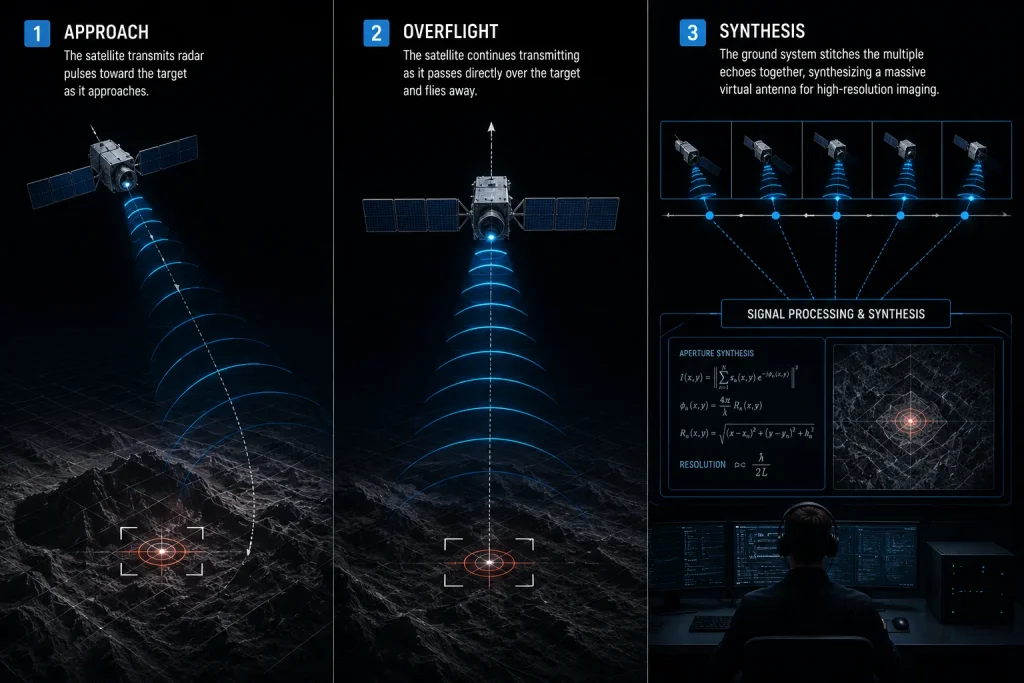 Flowchart comparing passive optical satellites to the all-weather capability of an Active Synthetic Aperture Radar (SAR) Constellation.