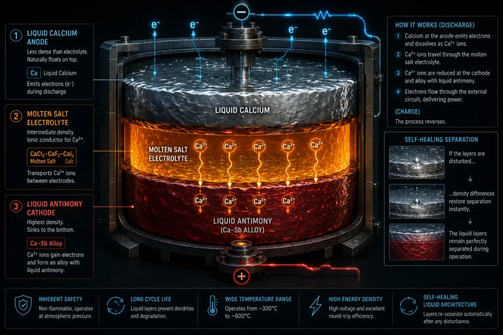 Flowchart comparing solid lithium-ion degradation against the self-healing immiscible fluid layers of a Liquid Metal Battery.