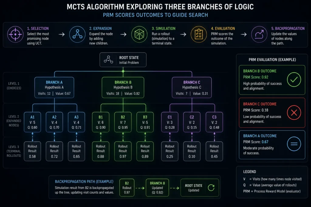 Flowchart demonstrating how Process Reward Models (PRMs) grade individual reasoning steps compared to Outcome Reward Models (ORMs).