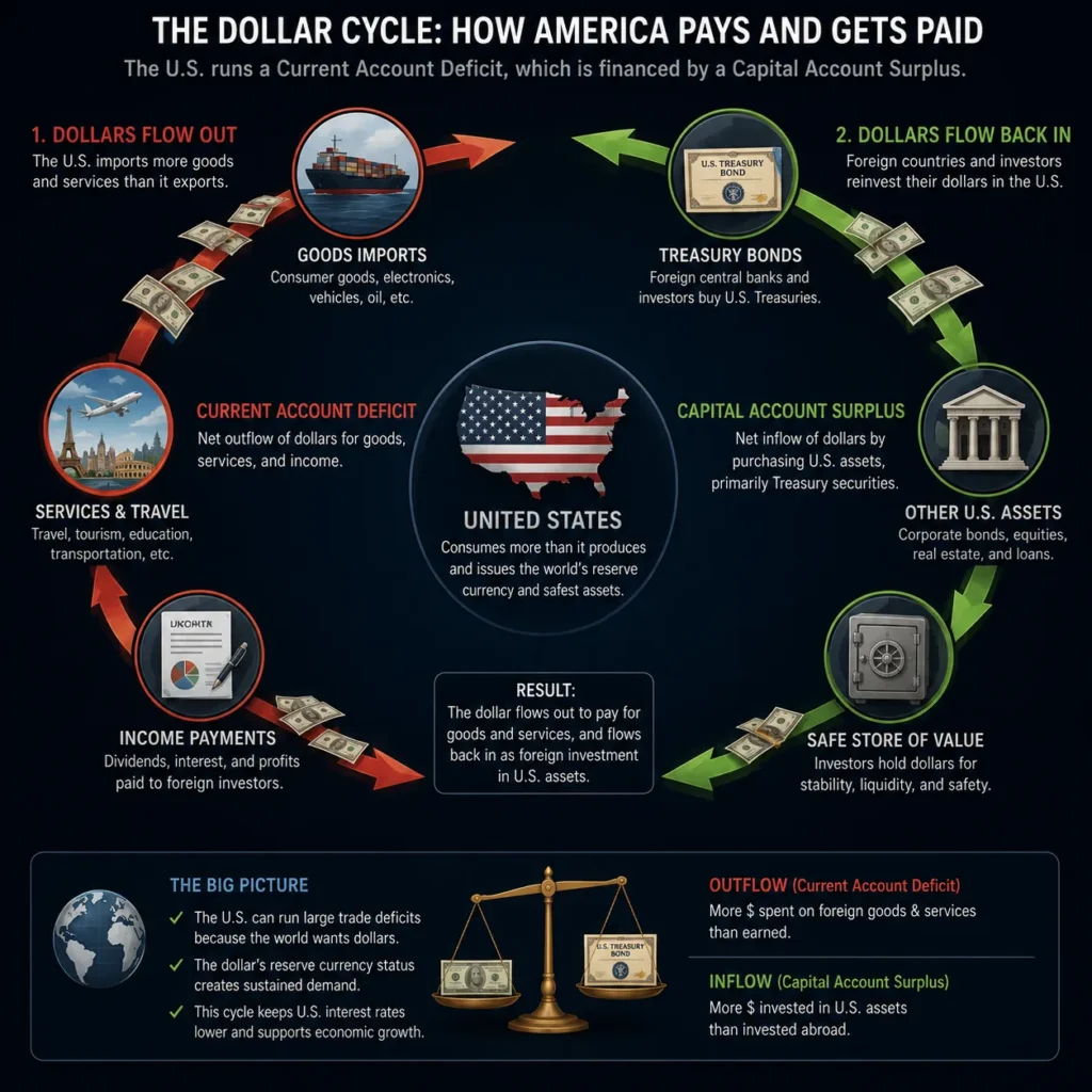 Flowchart demonstrating the loop of the US current account deficit and capital account surplus in a global reserve currency system.