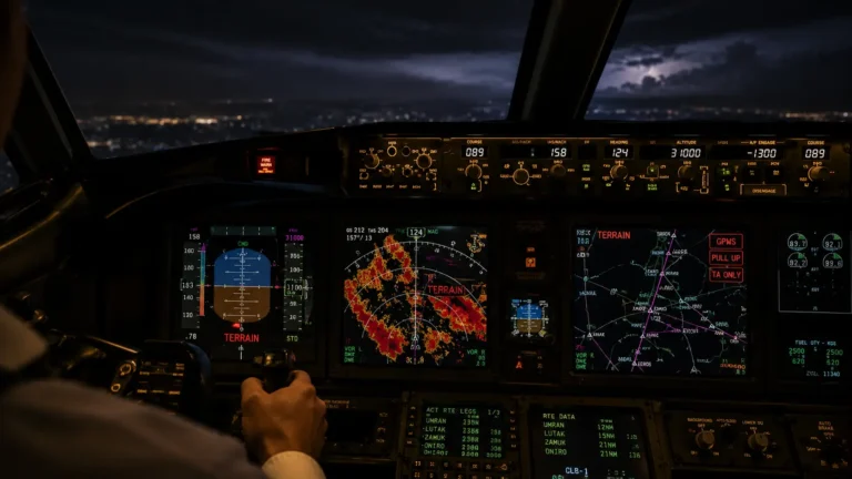 GNSS spoofing A photorealistic shot inside a commercial airliner cockpit showing chaotic, conflicting navigation screens and terrain warnings.