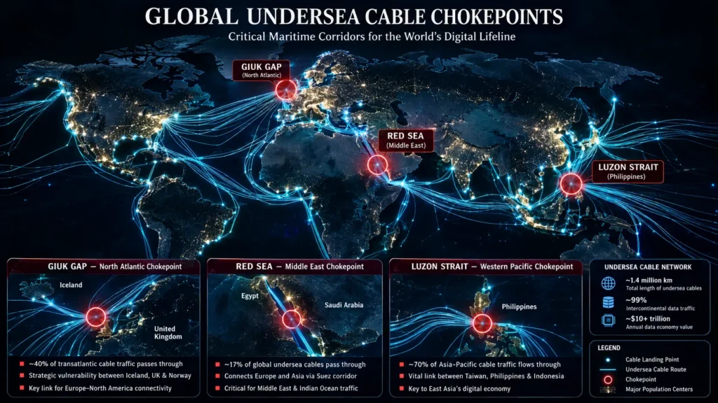 Global chokepoints for undersea fiber-optic cables illustrating vulnerability in seabed warfare.