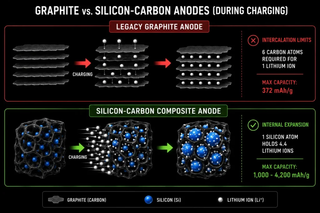 Graphite vs silicon anode specific capacity and lithium ion intercalation limits