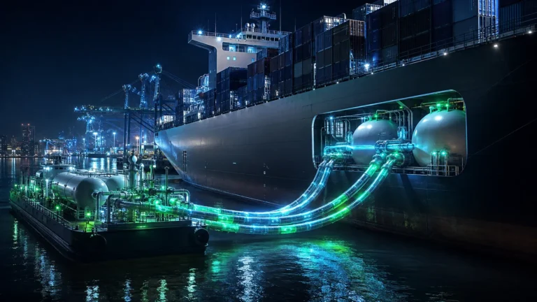 Green ammonia bunkering operations refueling a massive cargo ship with zero-carbon marine fuel.
