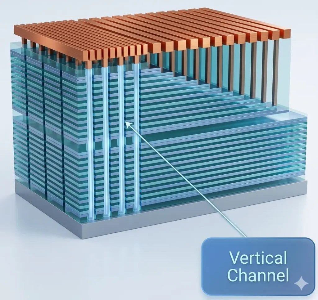 High aspect ratio trenches penetrating alternating layers in a 3D NAND architecture.