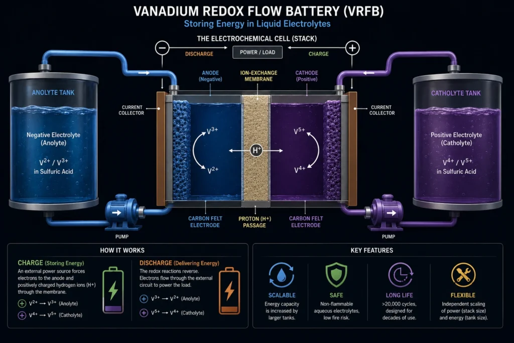 How a vanadium redox flow battery works with central membrane and electrolyte tanks