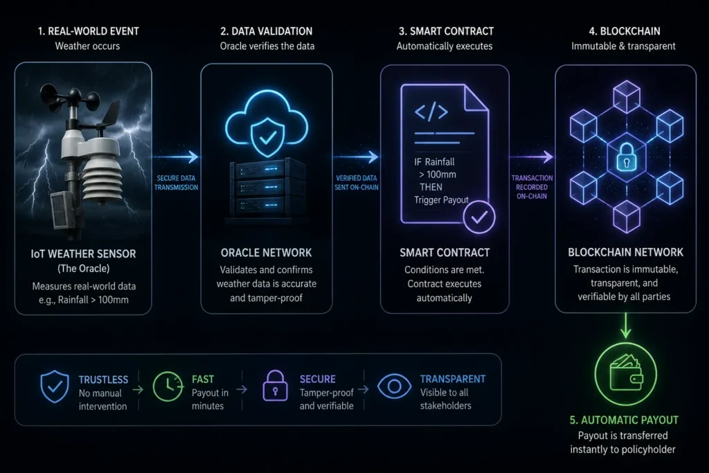 How smart contracts and data oracles trigger parametric insurance payouts.
