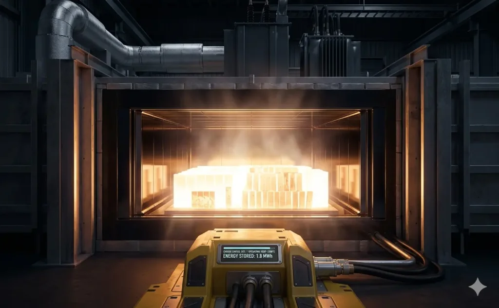 Inside a thermal battery Dense refractory materials glow white-hot, storing massive amounts of energy as pure heat..