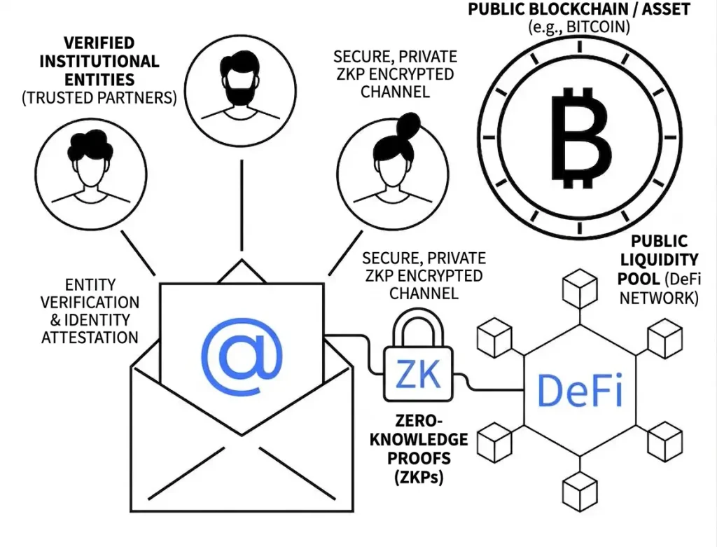 Institutional DeFi architecture ZKPs enable secure, private connections between verified entities and public liquidity pools..