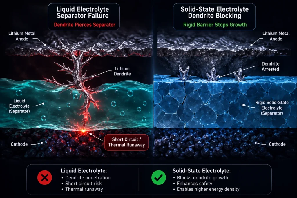 Liquid lithium-ion dendrite growth compared to a secure oxide-polymer solid-state EV battery architecture.