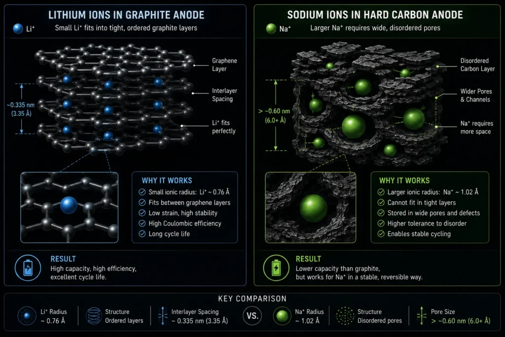 Lithium-ion vs sodium-ion battery chemistry comparing graphite and hard carbon anodes.
