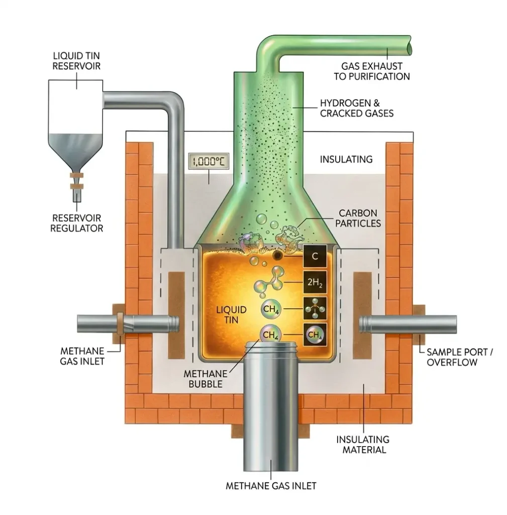 Molten Metal Reactor Methane bubbles crack as they rise through 1,000°C liquid tin..