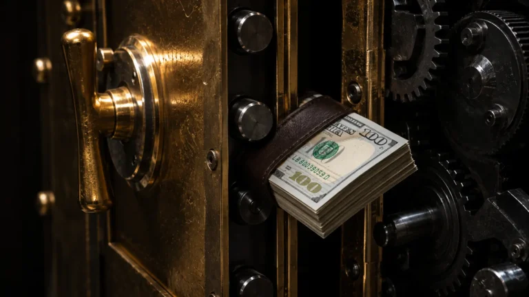NAV loans: A photorealistic macro shot of a heavy gold vault door with stacks of hundred-dollar bills representing private equity liquidity.