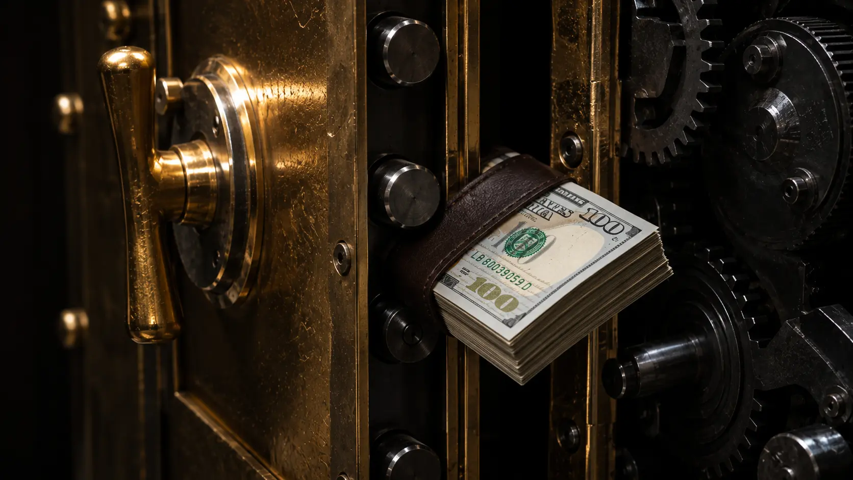 NAV loans: A photorealistic macro shot of a heavy gold vault door with stacks of hundred-dollar bills representing private equity liquidity.