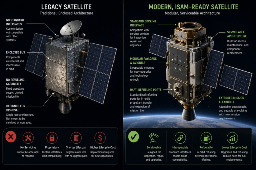 Northrop Grumman Mission Extension Vehicle MEV docking with a legacy satellite.