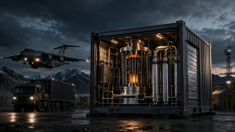Nuclear microreactors housed in shipping containers deploying mobile power to a remote military base.