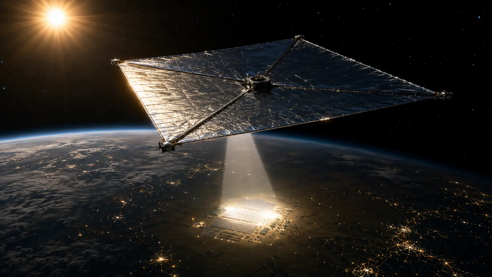 Orbiting Solar Reflectors in space bouncing sunlight to a terrestrial solar farm at night.