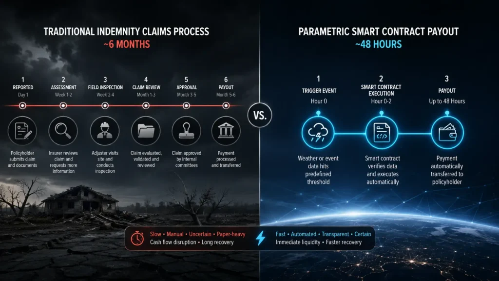 Parametric insurance vs traditional indemnity insurance payout timeline.