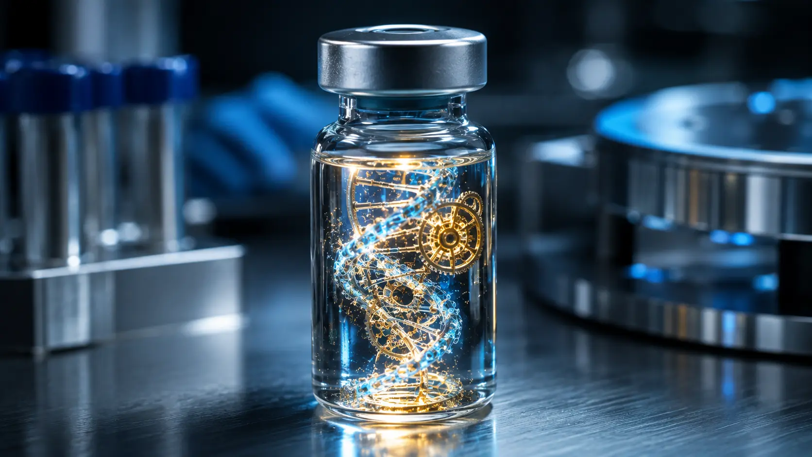Personalized mRNA cancer vaccines: A photorealistic macro shot of a glowing mRNA sequence inside a glass medical vial.