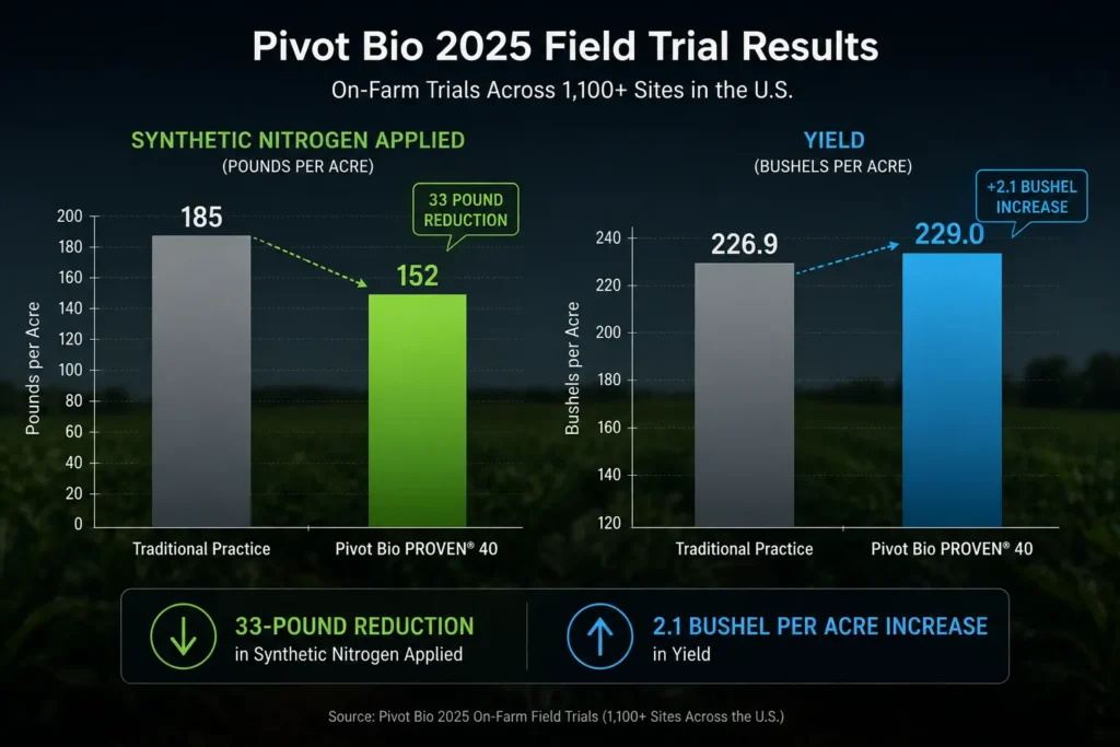 Pivot Bio PROVEN G3 field trial data showing 33 pounds of synthetic nitrogen replacement.