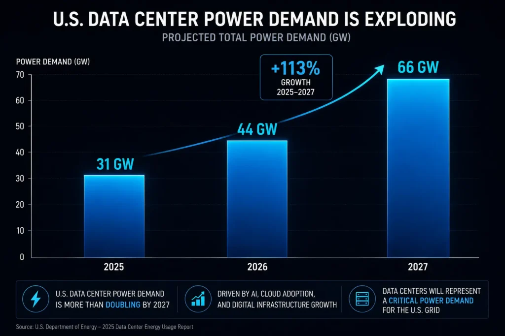 Projected US data center power demand growth from 2025 to 2027 driving AI infrastructure investment.