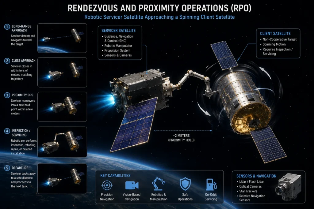 Rendezvous and Proximity Operations RPO trajectory for satellite docking.