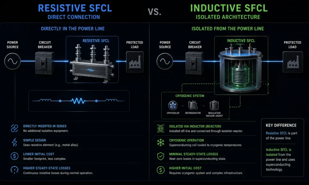 Resistive vs Inductive Superconducting Fault Current Limiter SFCL architectures.